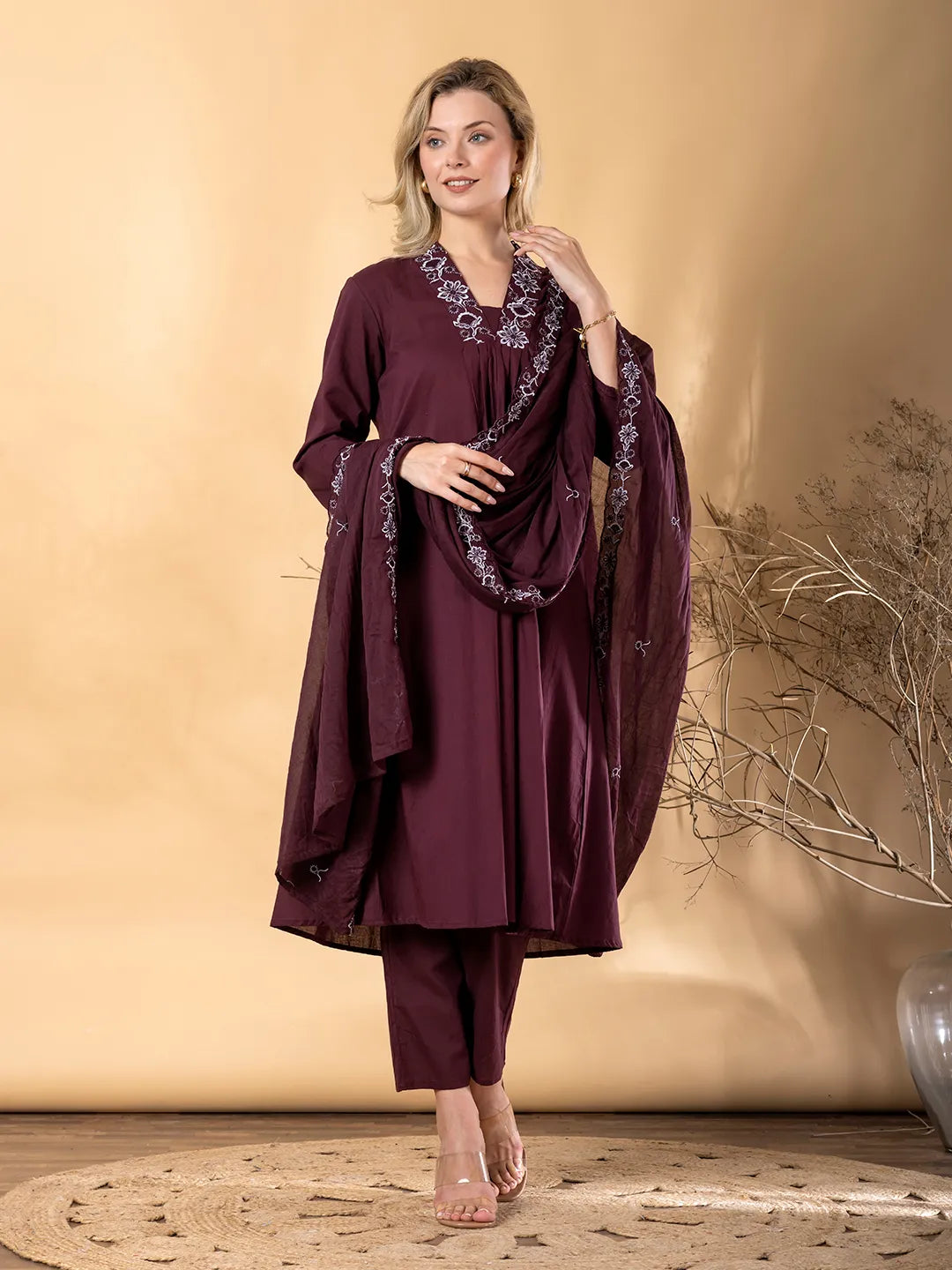Maroon Cotton Embroidered A-Line Kurta Set with Dupatta – Qrate