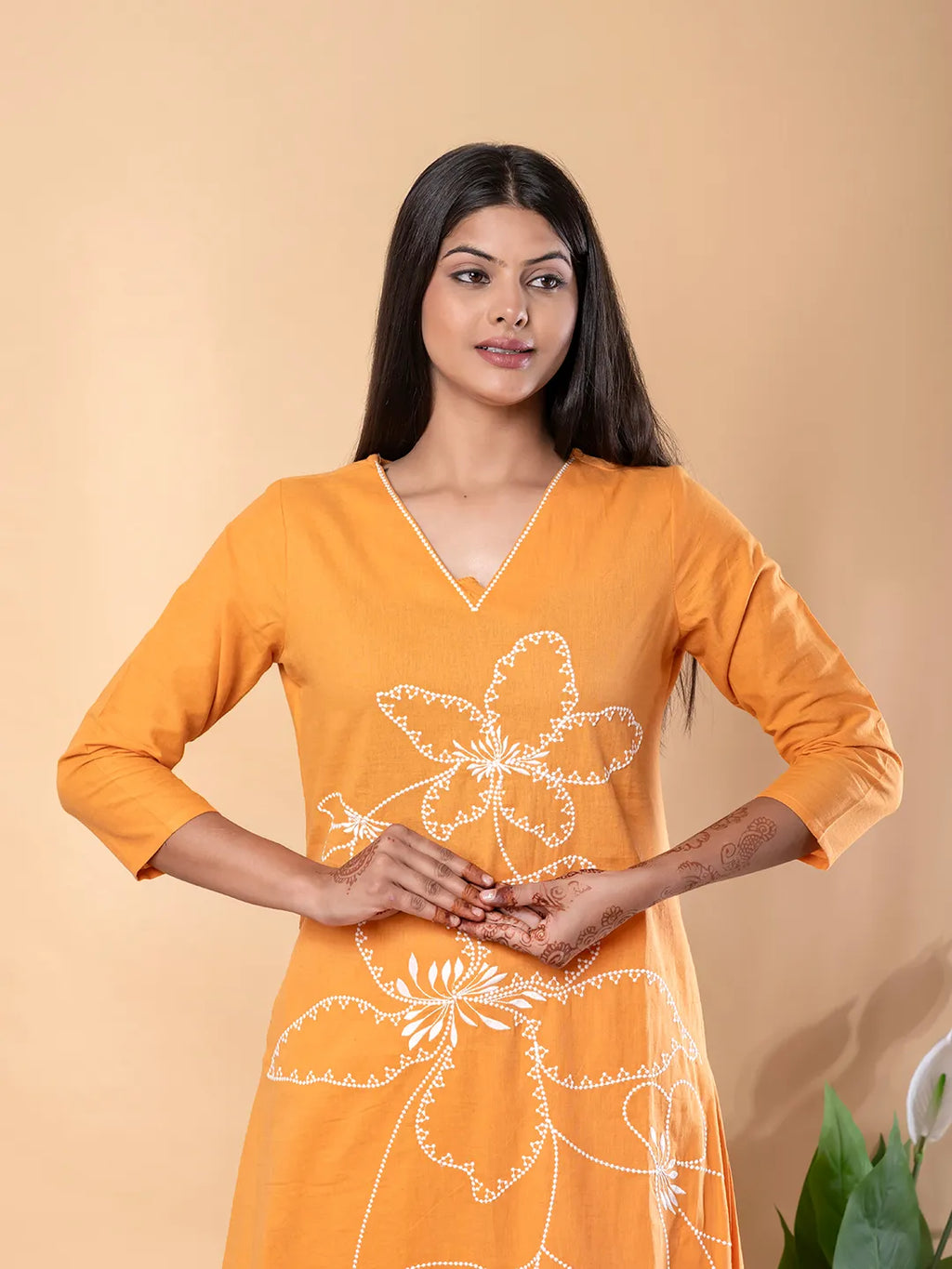 Orange Cotton Embroidered Anarkali Kurta Set with Palazzos