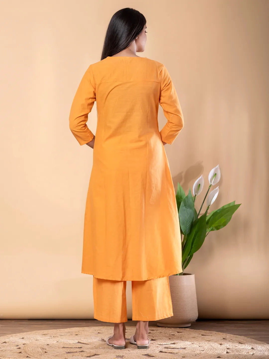 Orange Cotton Embroidered Anarkali Kurta Set with Palazzos