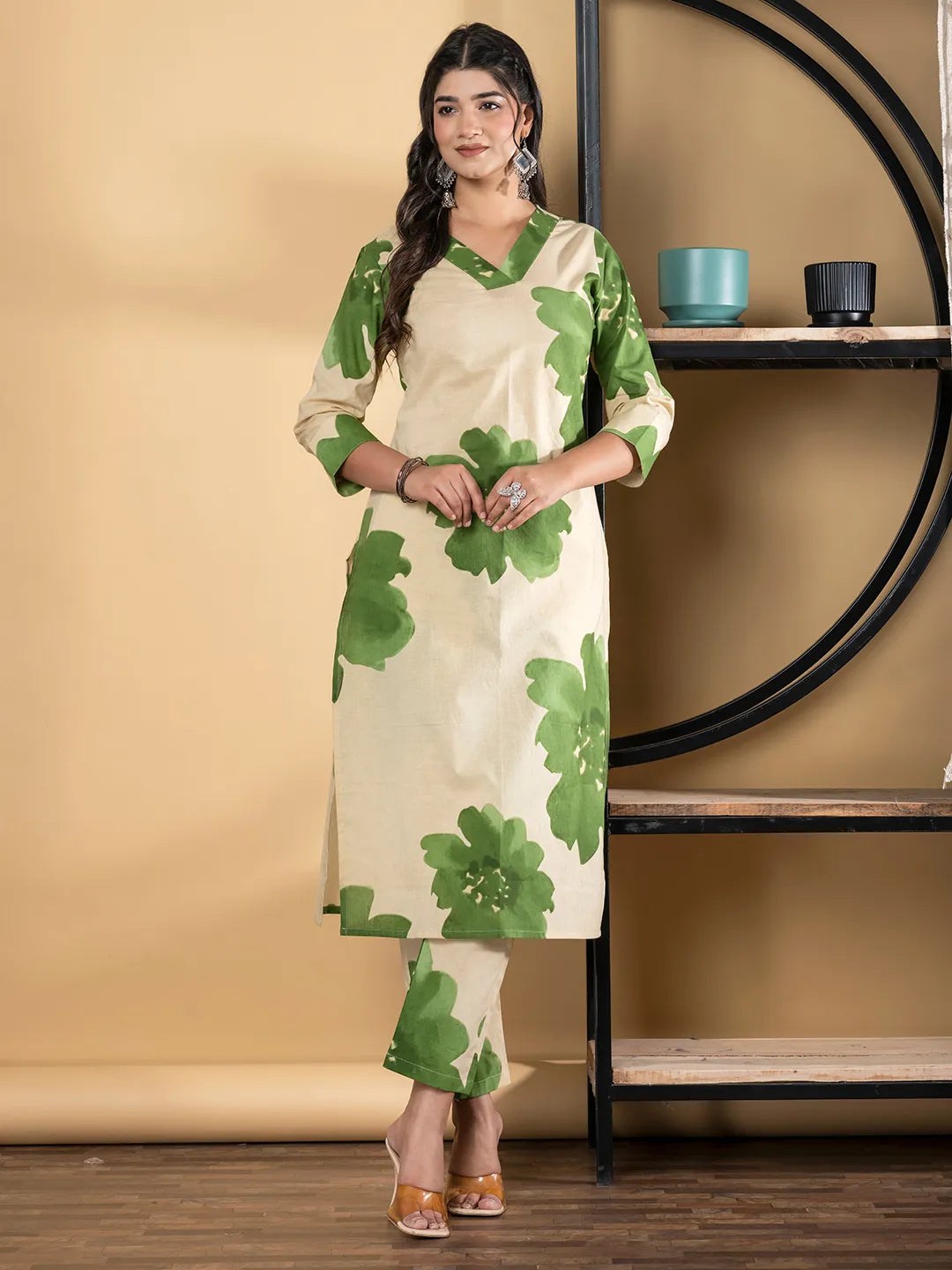 Beige & Green Floral Cotton Kurta with Palazzo Set