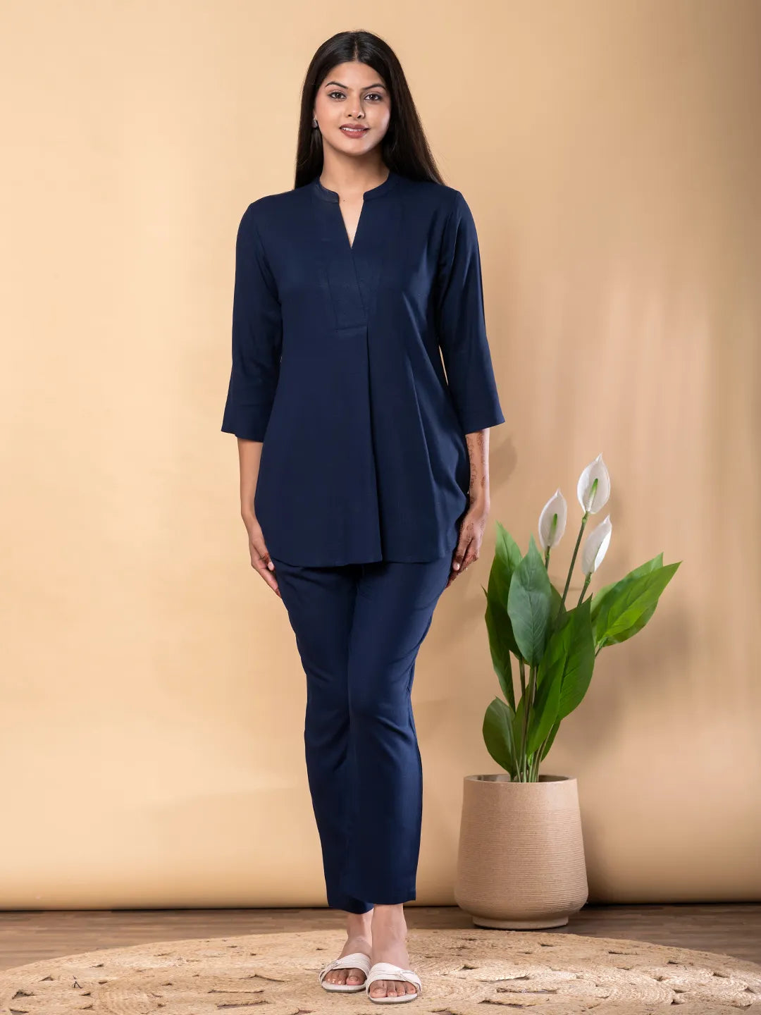 Navy Blue Linen Tunic and Palazzo Co-ord Set