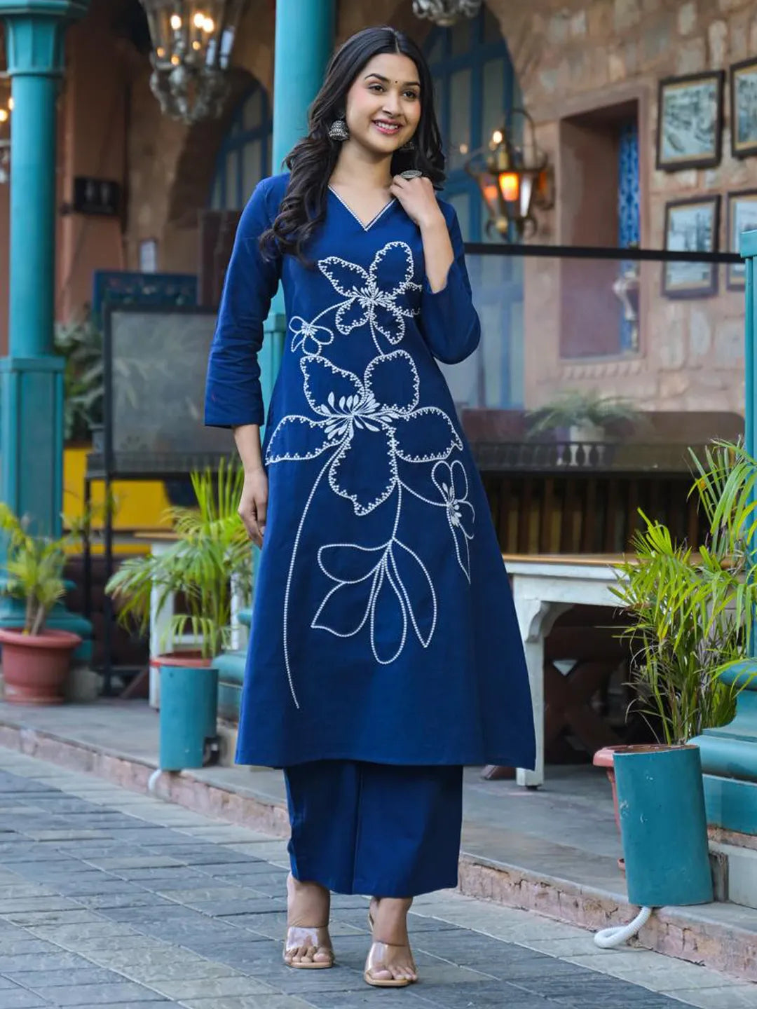 Navy Blue Cotton Kurta Set with Palazzo – Embroidered Floral Festive Wear