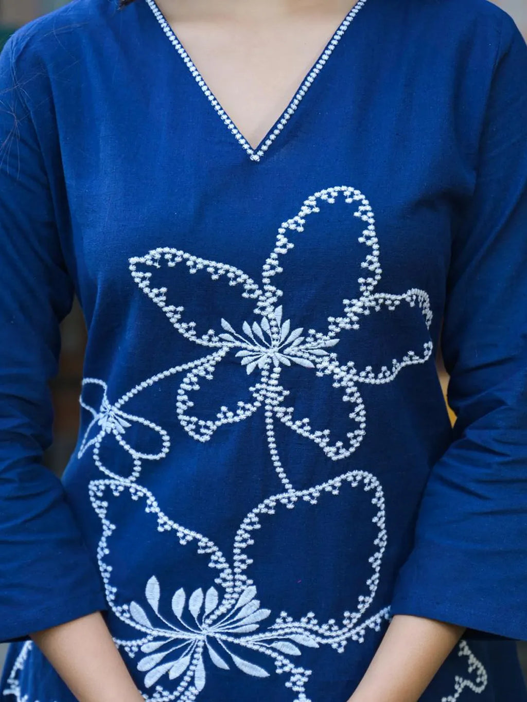 Navy Blue Cotton Kurta Set with Palazzo – Embroidered Floral Festive Wear