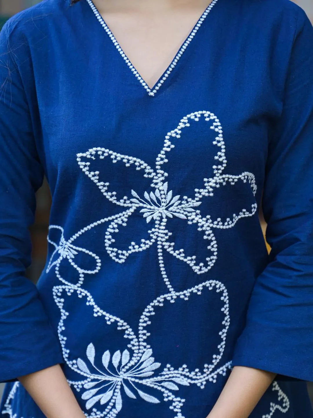Navy Blue Cotton Kurta Set with Palazzo – Embroidered Floral Festive Wear