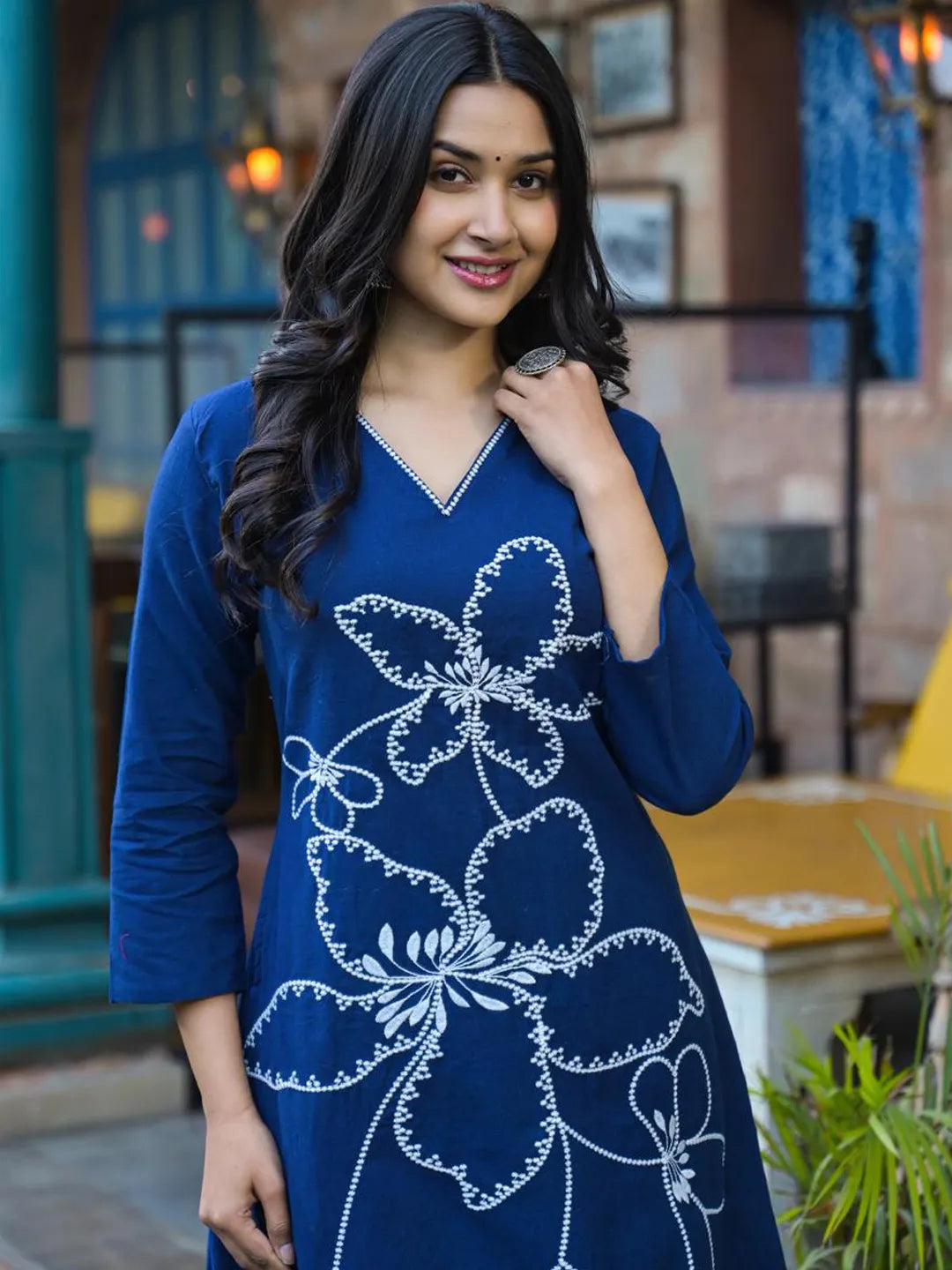 Navy Blue Cotton Kurta Set with Palazzo – Embroidered Floral Festive Wear