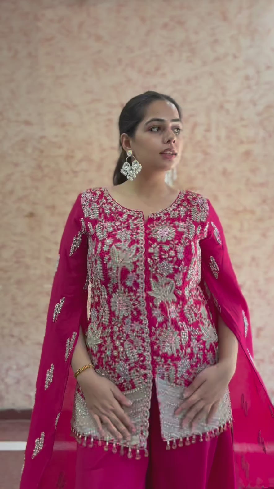 Afsana Festive Silhouette – Fuchsia Cape Jacket with Zardozi, Sequins & Pearl Latkans - Qrate